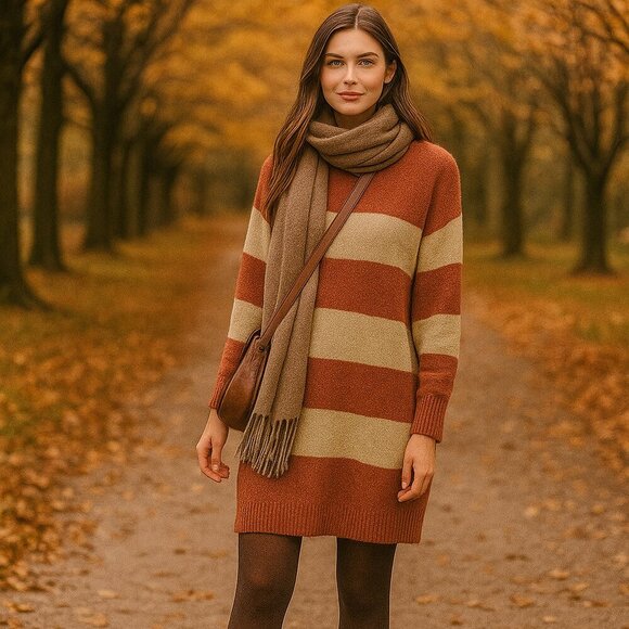 Lands’ End Striped Sweater Dress L Red Beige Cozy Knit Preppy Fall Winter Outfit - Picture 1 of 7